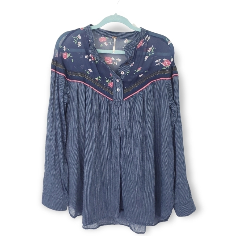 Free People western style floral see through pin stripe shirt size small - Picture 4 of 8